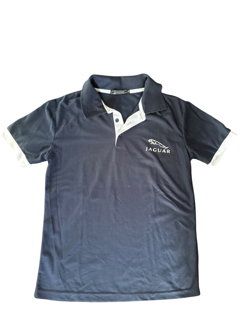 Men’s Navy Polo/Golf Shirt with White Trim, Jaguar logo, sz Med
